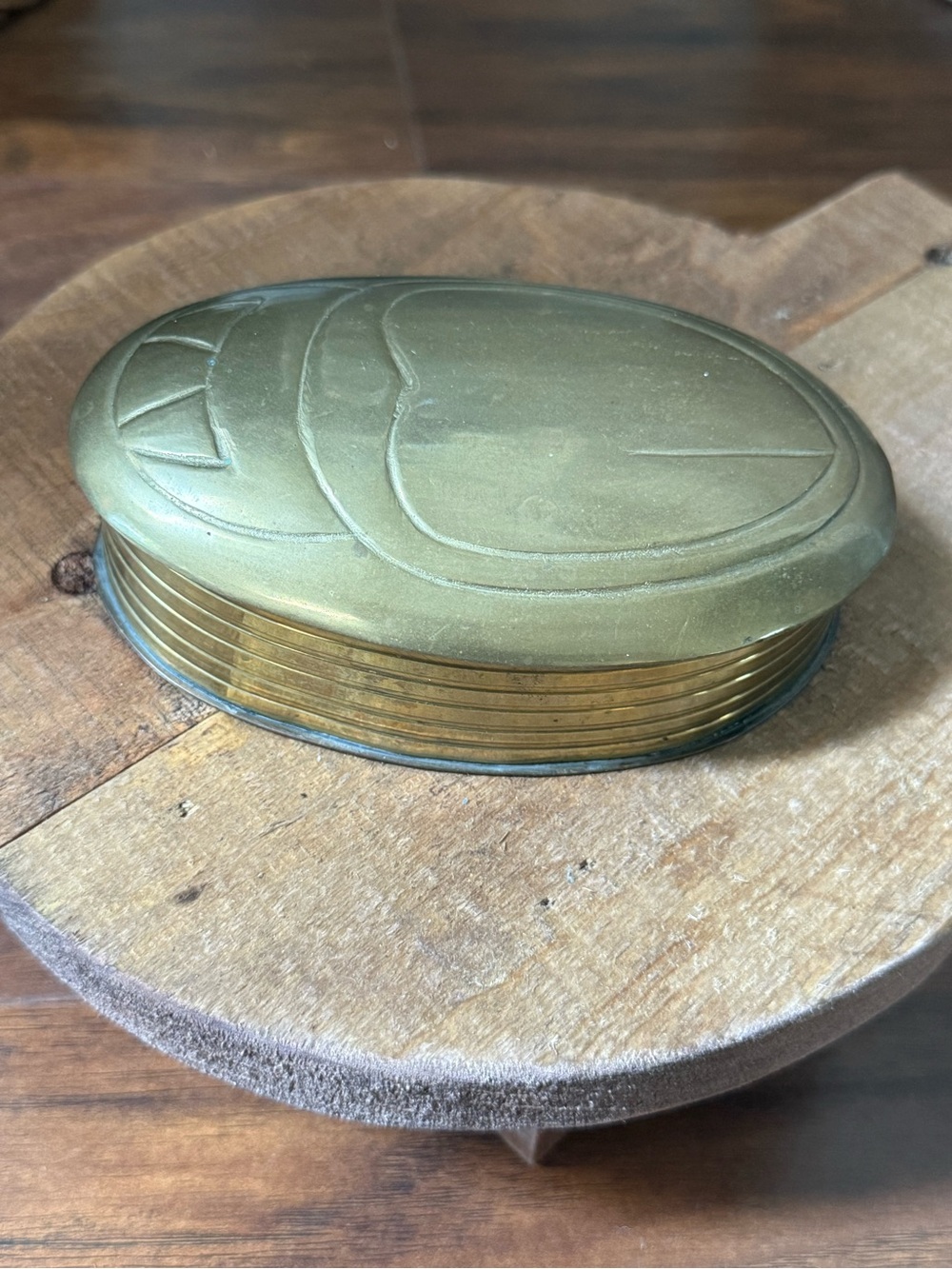 Vintage 1970s Egyptian Brass Scarab Beetle Trinket Jewelry Box With Petina